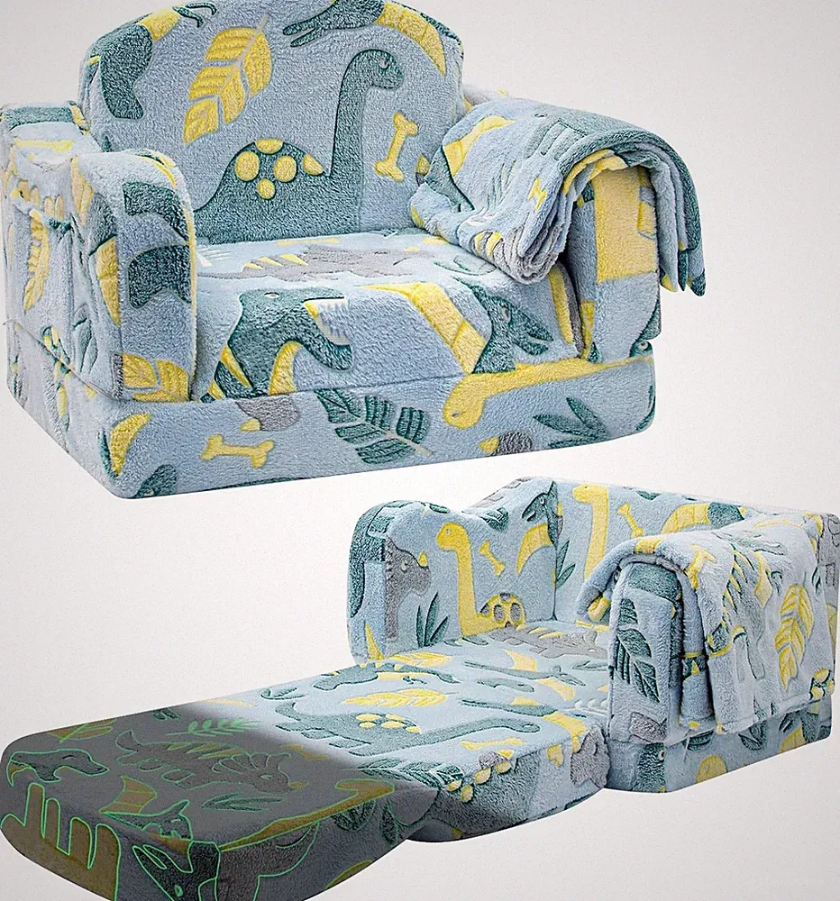Comfy Toddler 2-in-1 Plush Fold Out Couch Lounger w/ Blanket | Glowing Dinosaur